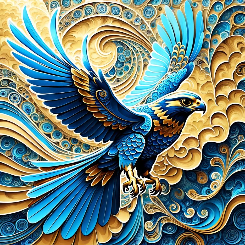 Blue and Gold Falcon Flying: Textured Abstract Painting