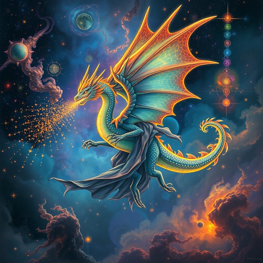 Bioluminescent Dragon Soaring Through Cosmic Nebula