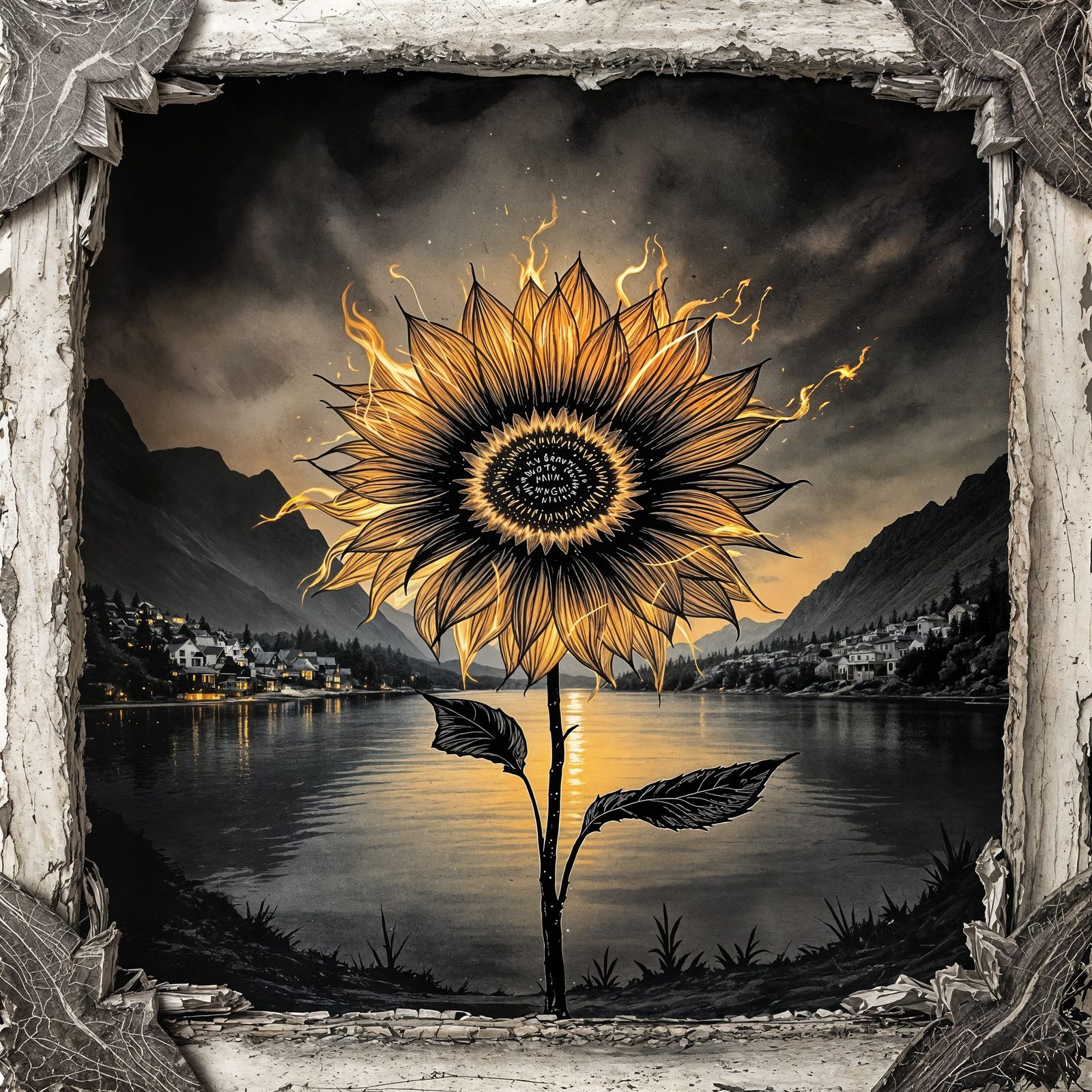 Surreal Sumi-e Wash with Charcoal Sunflower and Norwegian Fj...