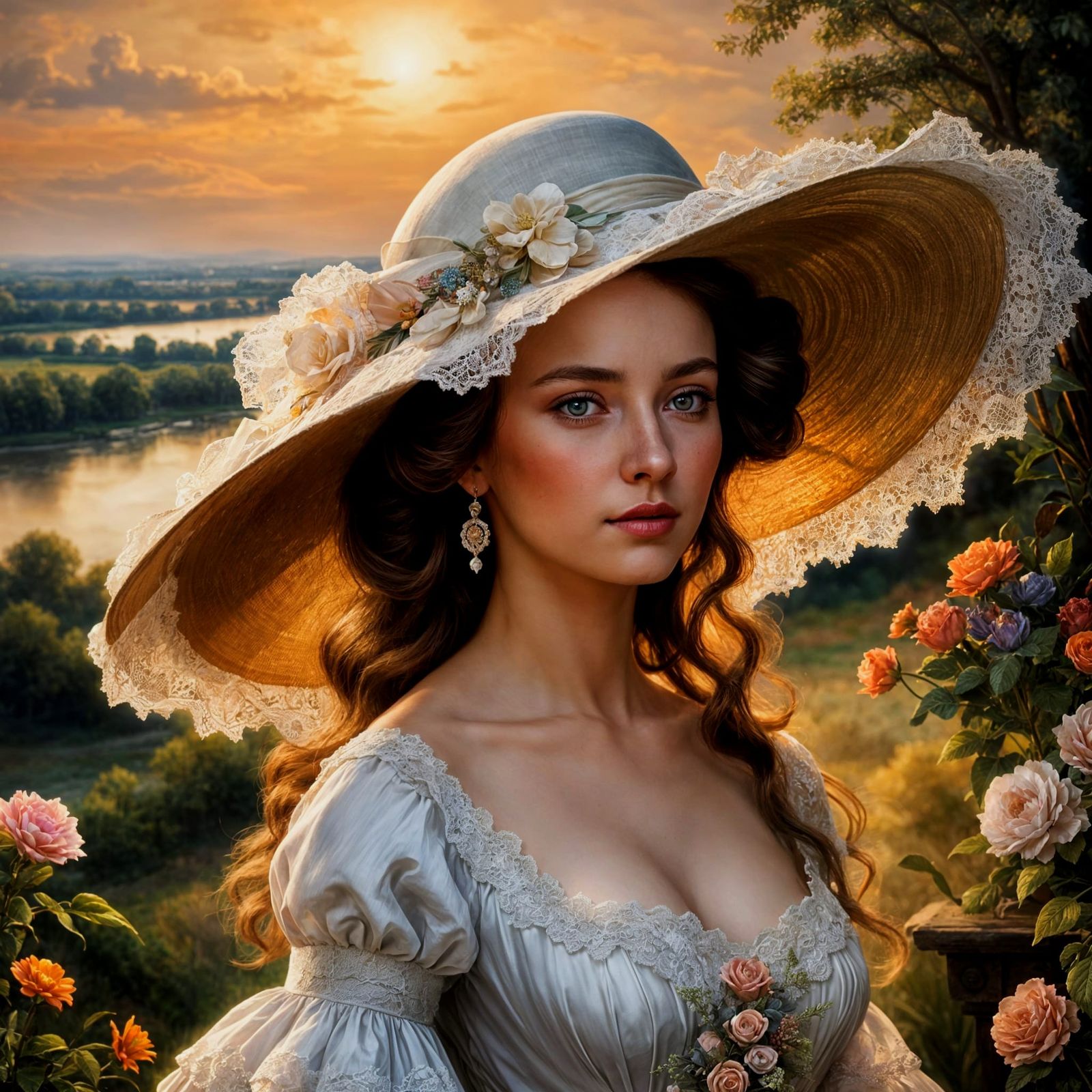 18th Century Woman in Floral Dress with 3D Flowers