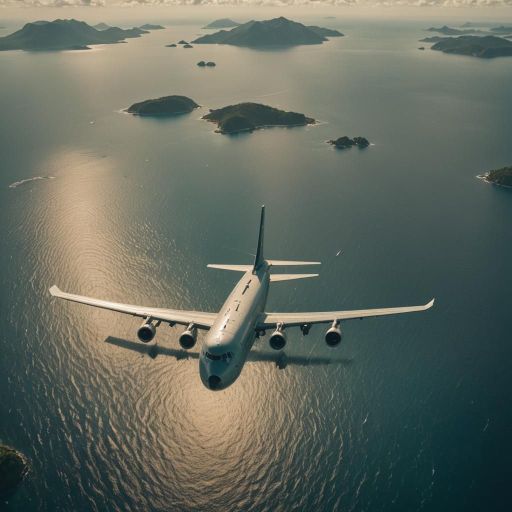Cargo Plane Flies Over Archipelago: Cinematic Aerial View