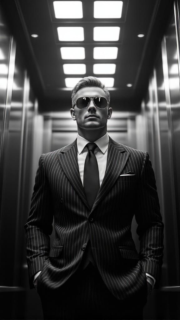 Hyper-Realistic Man in Elevator, Dressed in Tailored Suit, w...