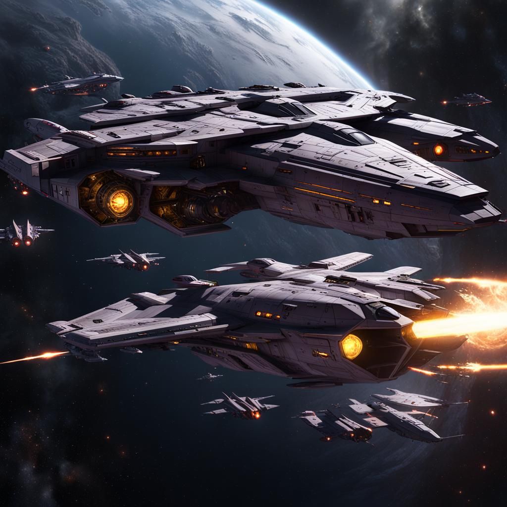 Battlestar Galactica in space surrounded by viper fighters and basestar fighters a masterpiece, 8k resolution, dark fant...