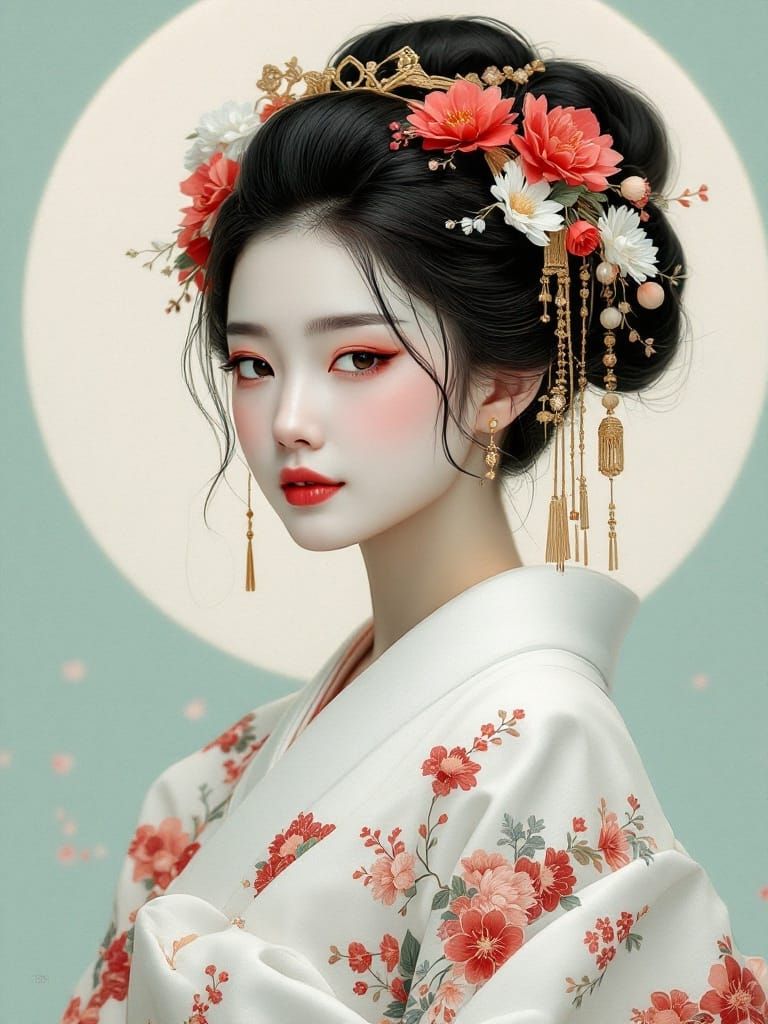 Graceful Woman in Kimono: Hokusai and Kuvshinov Style