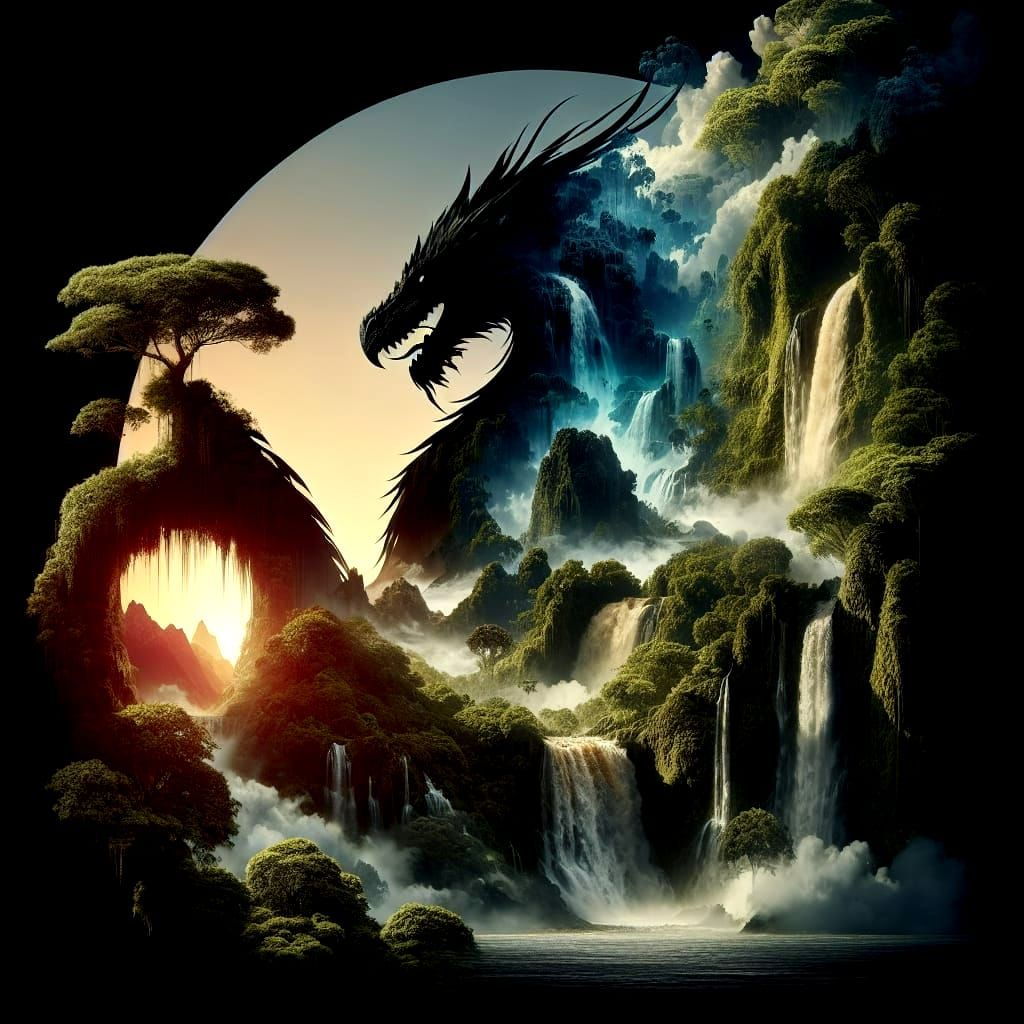 Majestic Dragon Silhouette with Jungle Waterfall Landscape