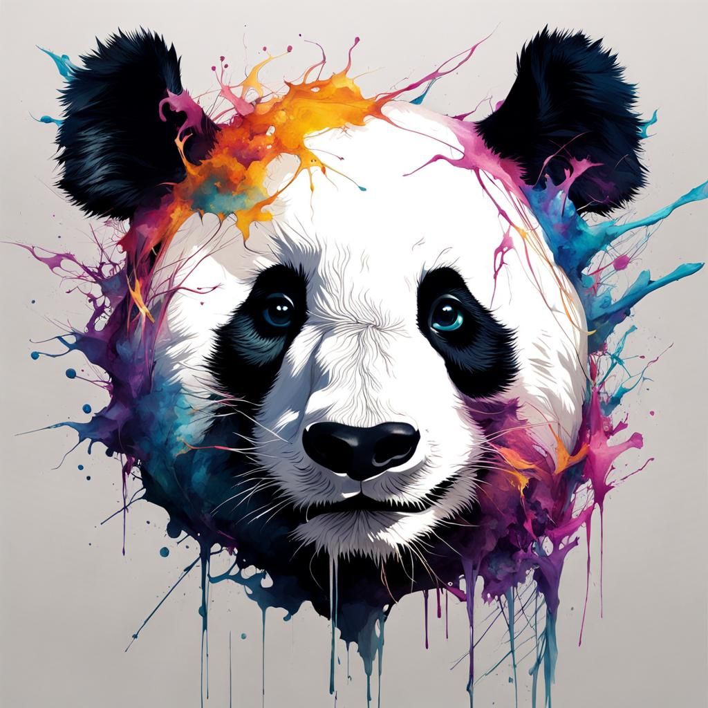 Adorable Panda Portrait in Inkblot Art Style
