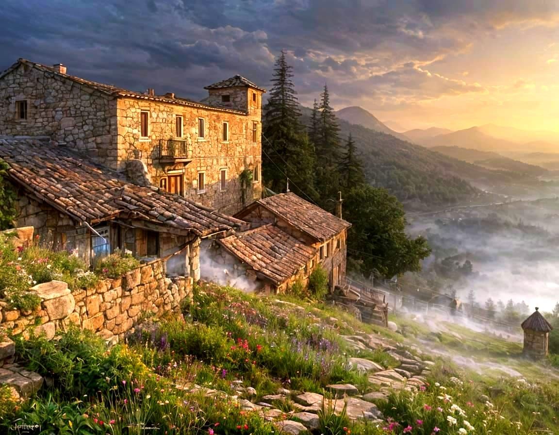 Whimsical Watercolor of Coffee on Old Stone Wall at Sunset