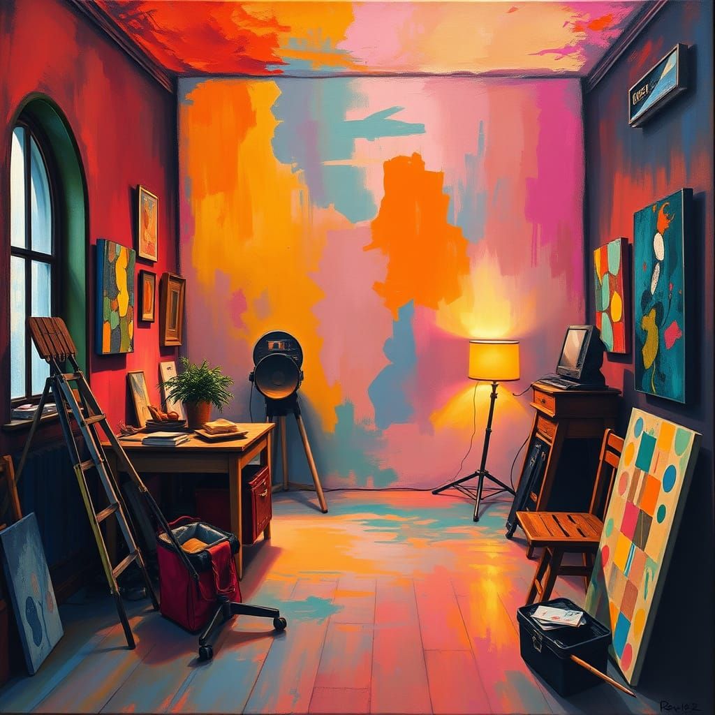 Vibrant Studio Setup in Gouache Watercolor Style
