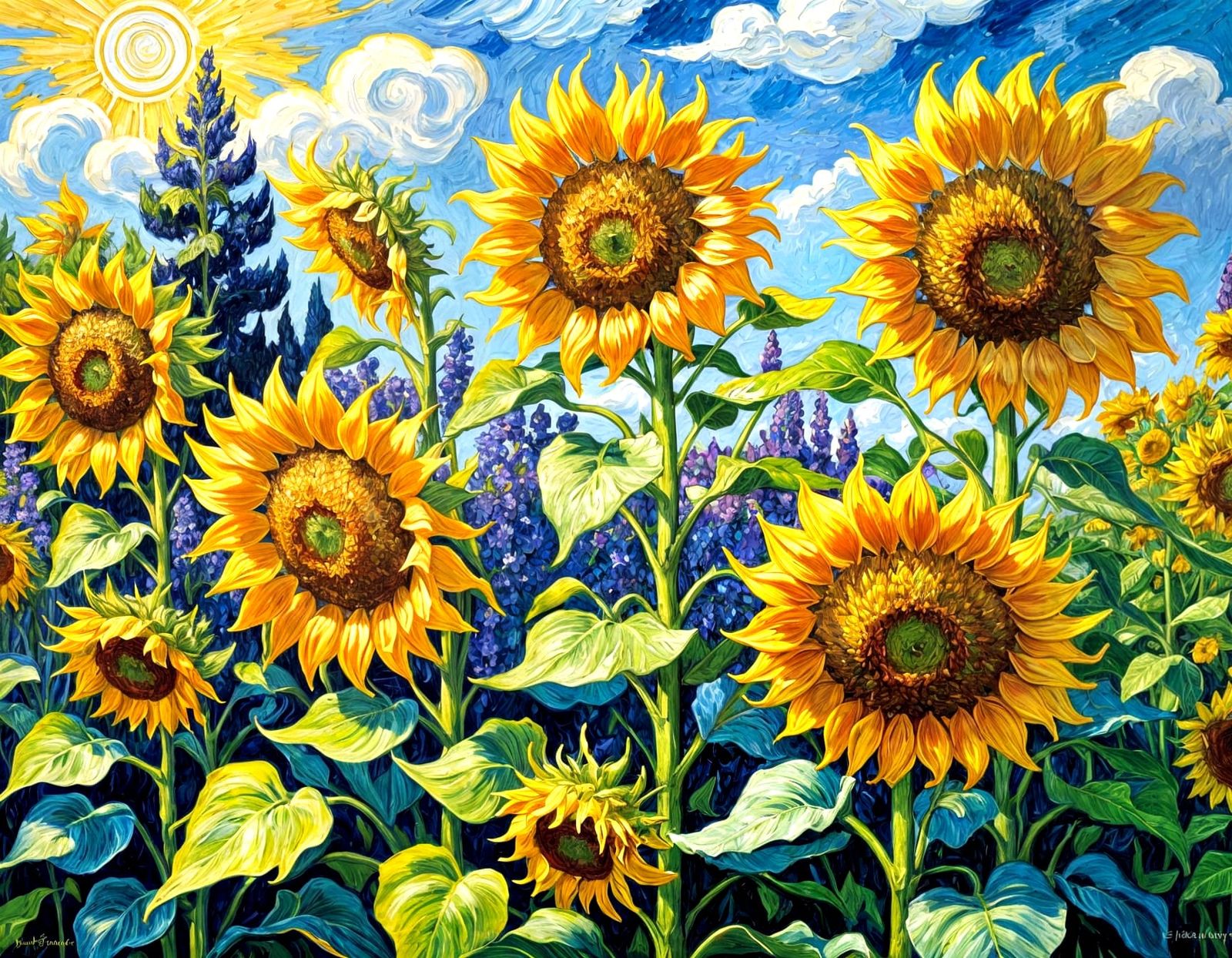 Impasto Oil Painting of Sunflowers in Garden