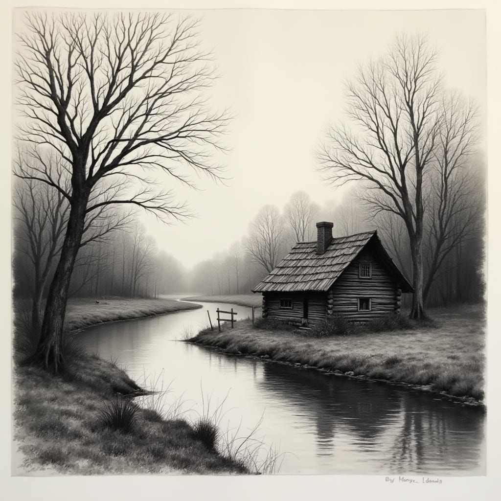 Log Cabin by River in Constable Style