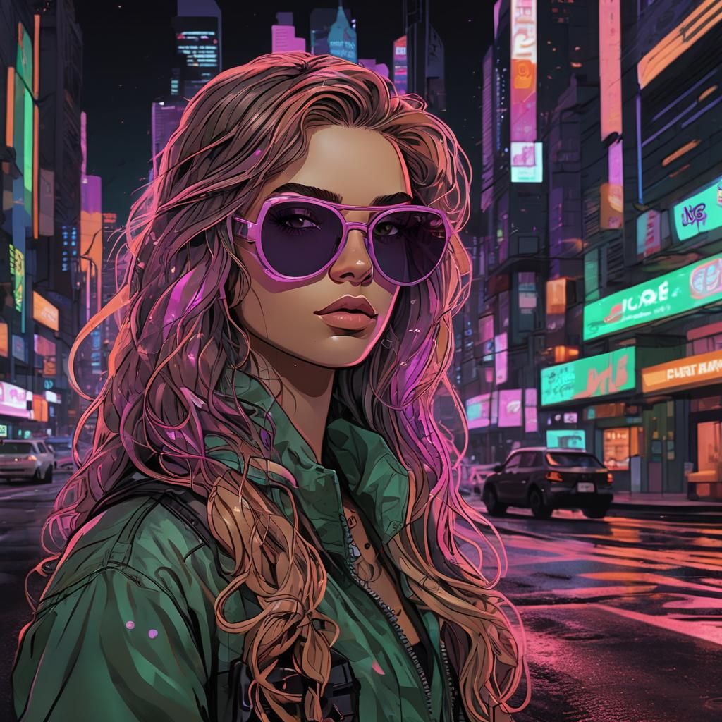 Vaporwave Woman in Neon City, Comic Book Style