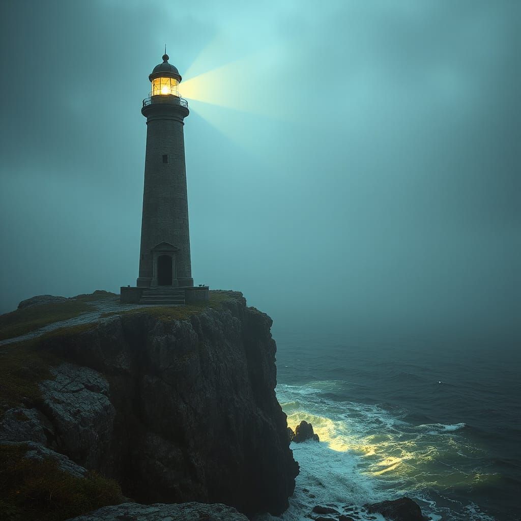 Gothic Lighthouse in Autumn Fog on Jagged Cliffs