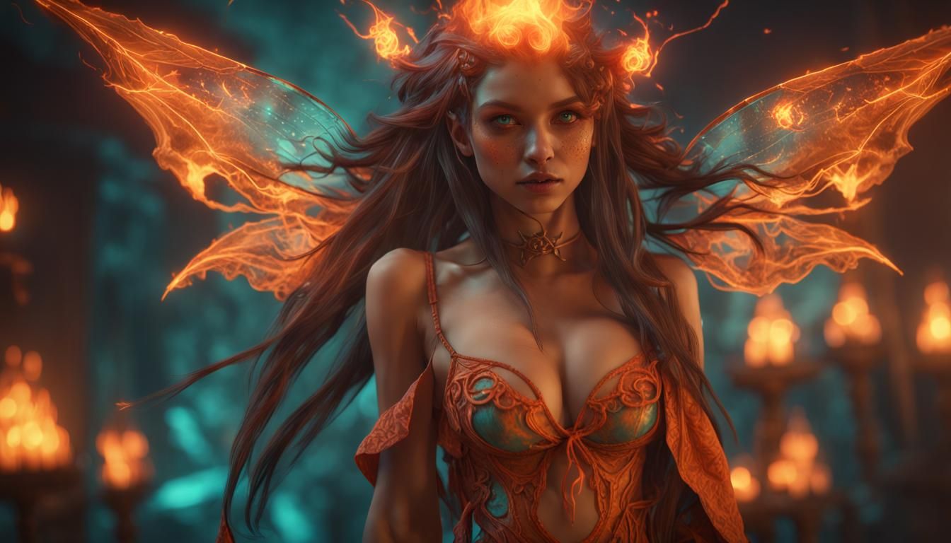 Innocent Fairy Sorceress Summons Fire: Hyperdetailed Fantasy...