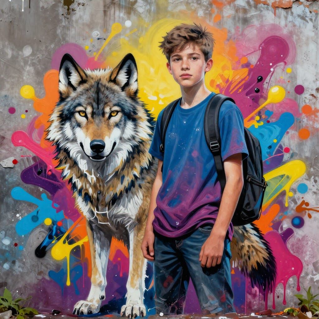 Teenager and Wolf in Vibrant Graffiti Art Style