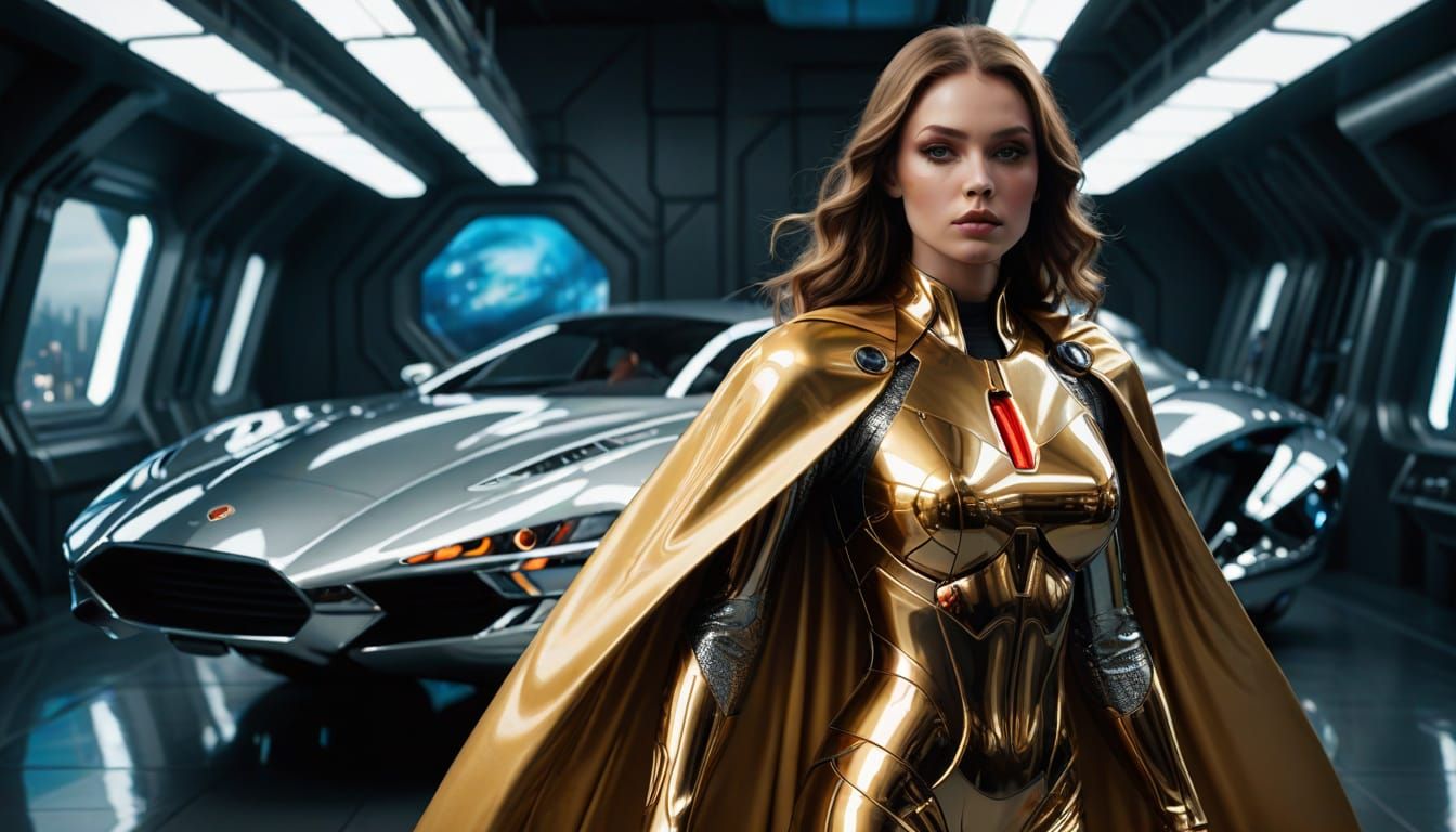 Chrome Gold Superheroine in Futuristic Showroom