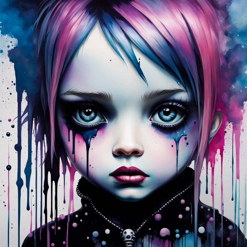 Goth Punk Girl in Spray Paint Liquid Ink Watercolor