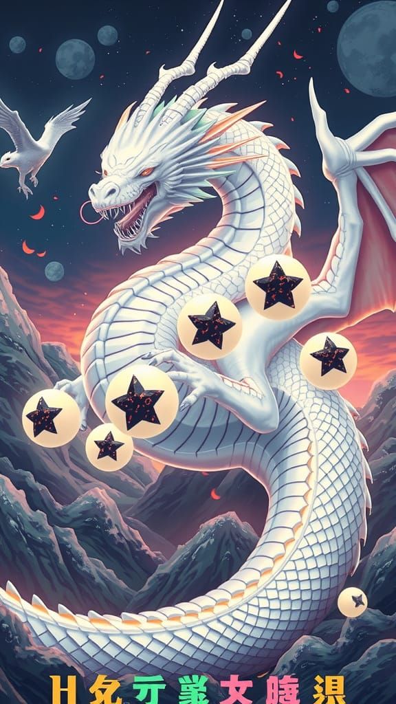 Majestic White Dragon with Dragon Balls, Digital Art