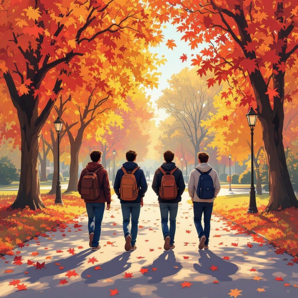 Autumn Park Scene with College Students in Surreal Digital P...