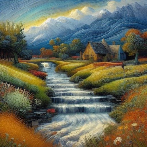 Impasto Oil Painting of a Peaceful Pastoral Landscape