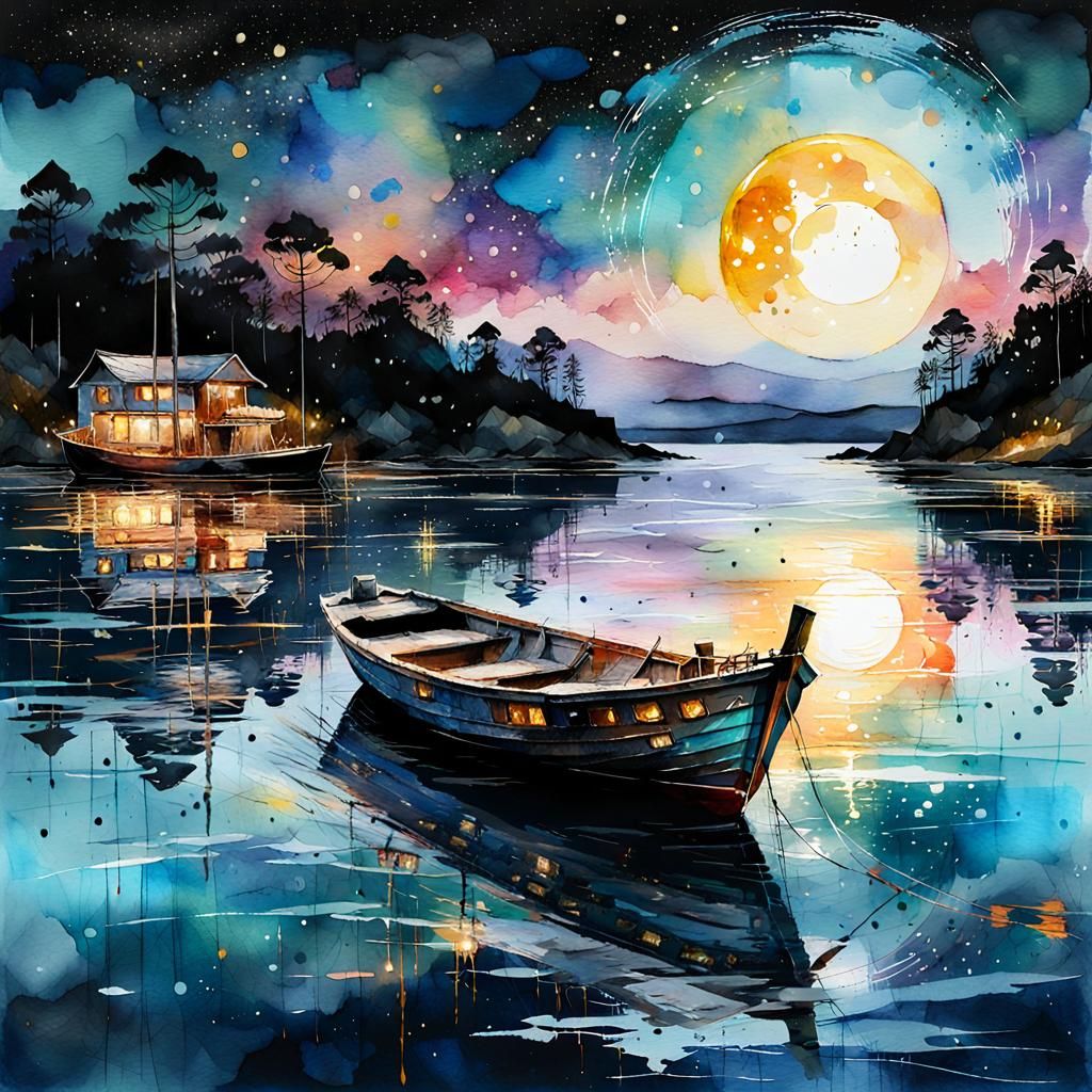 Moonlit Boat: Digital Watercolor Impasto Summerscape