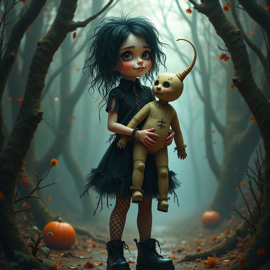 Gothic Punk Girl with Voodoo Doll in Burton Style