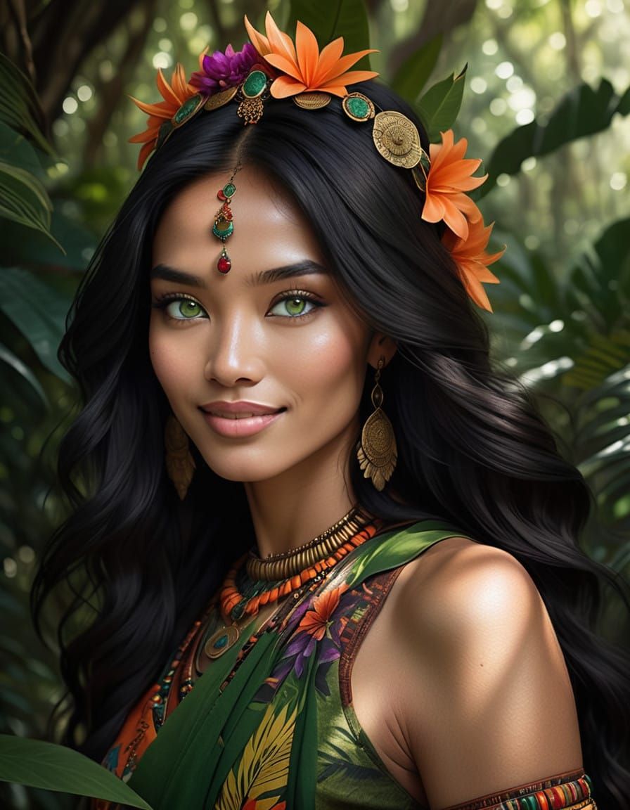 Tropical Jungle Goddess with Exotic Flowers and Greenery