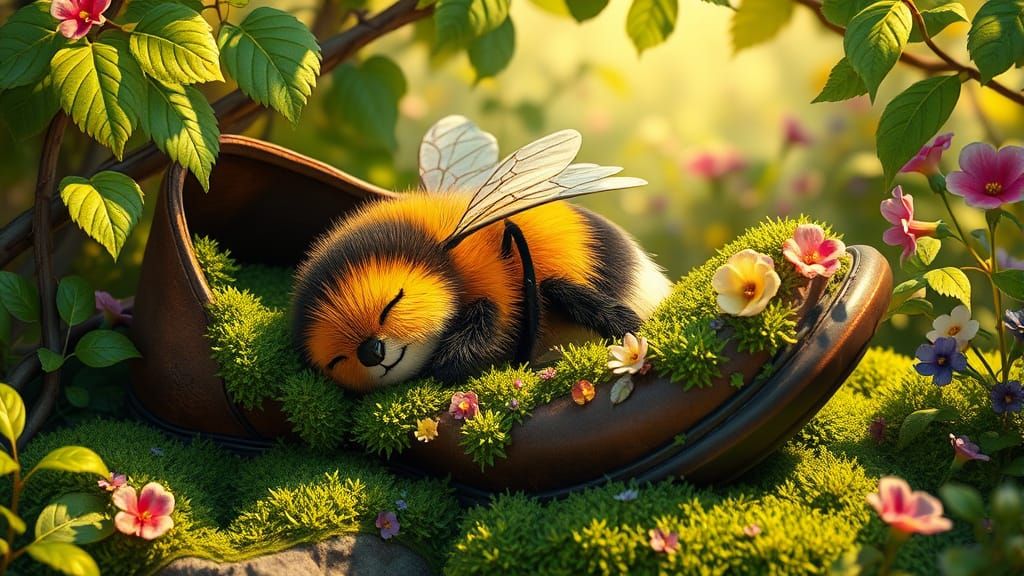 Bumblebee's Cozy Nap in Lush Shoe Garden