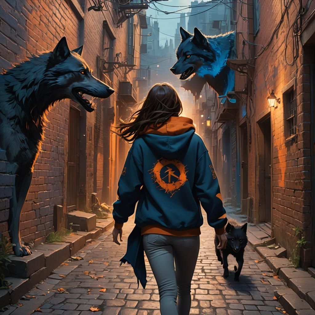 Girl and Wolf in Alley with Glowing Rune