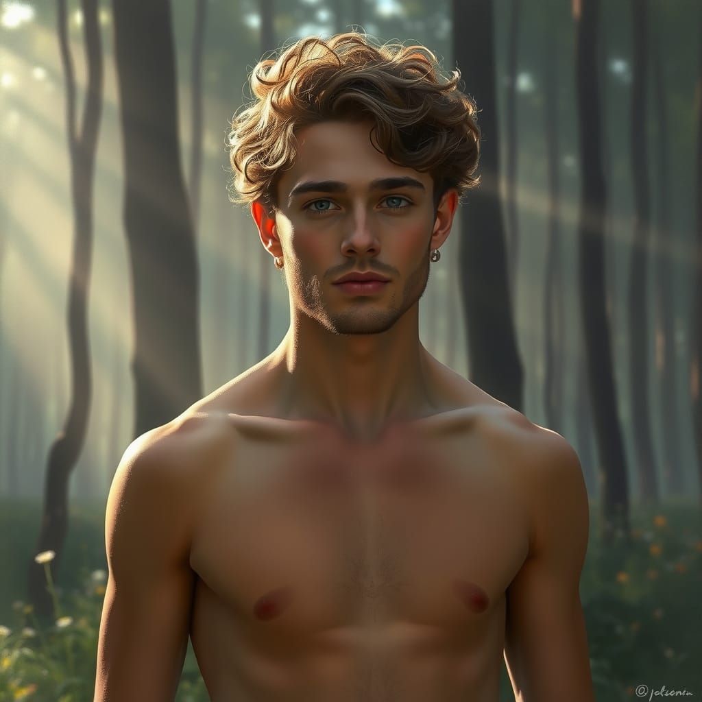 Handsome Man in Misty Forest: Oil Painting