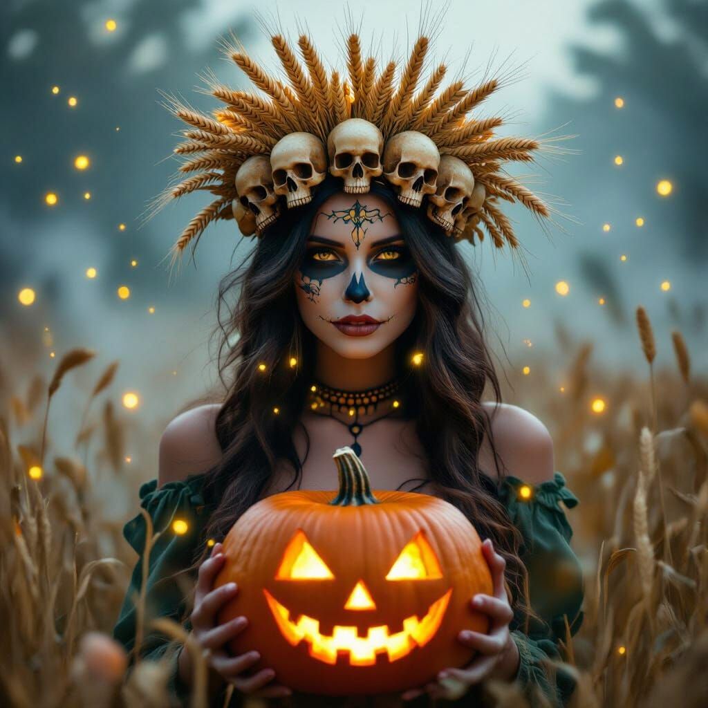 Ethereal Harvest Spirit Woman with Wheat and Skull Crown
