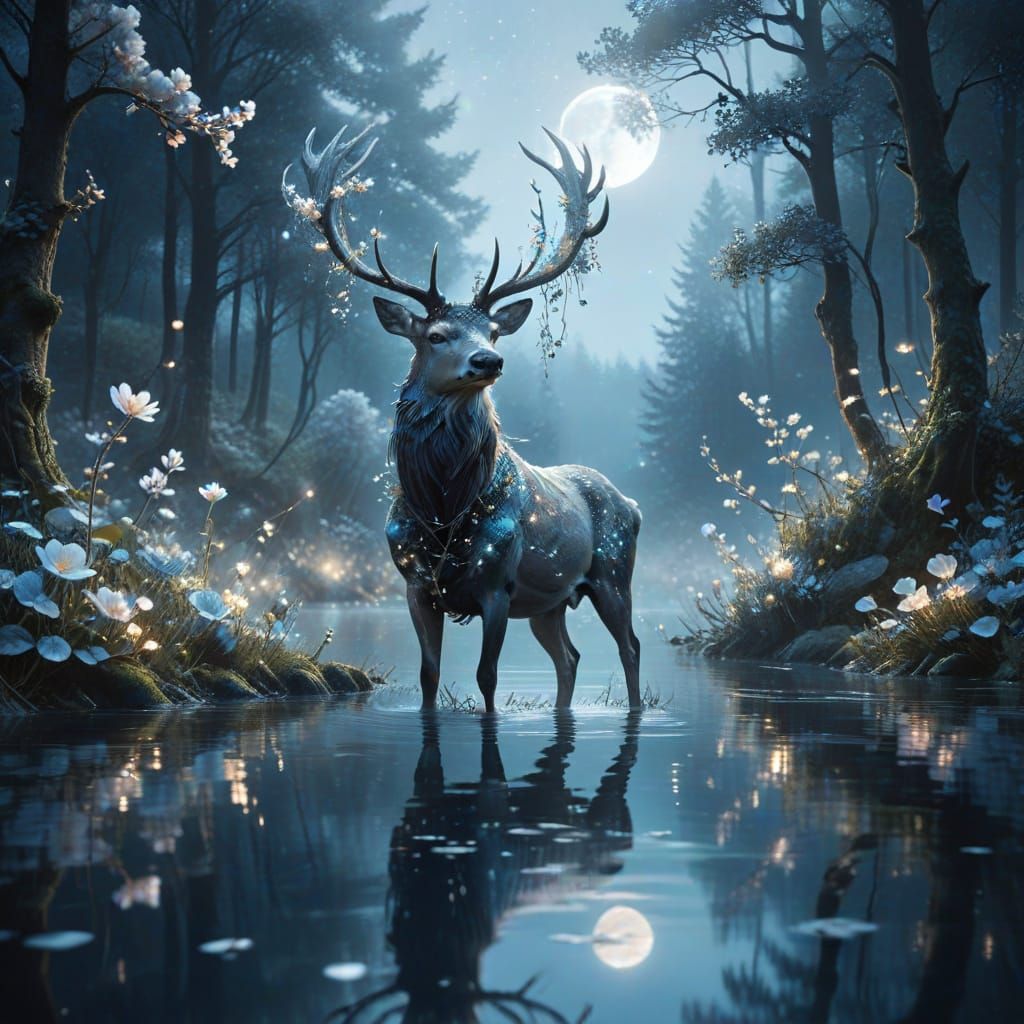 Majestic Stag by Enchanted Lake Under Moonlight