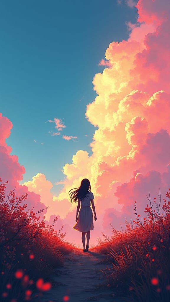 Dreamlike Anime Figure in Vibrant Landscape