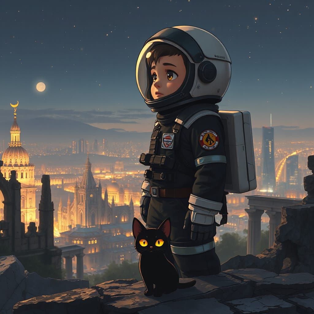 Astronaut and Cat in Futuristic Milan