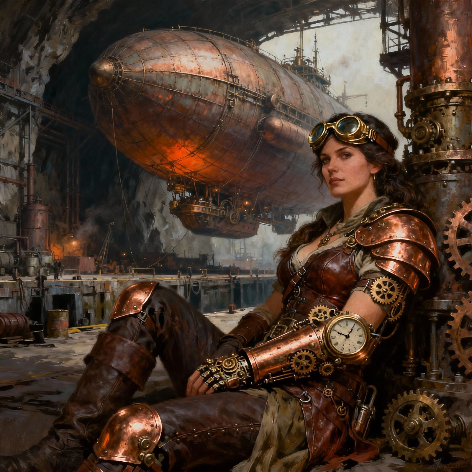 A formidable warrior lady with brass goggles and intricate clockwork arm enhancements, resting beside a massive, dormant...