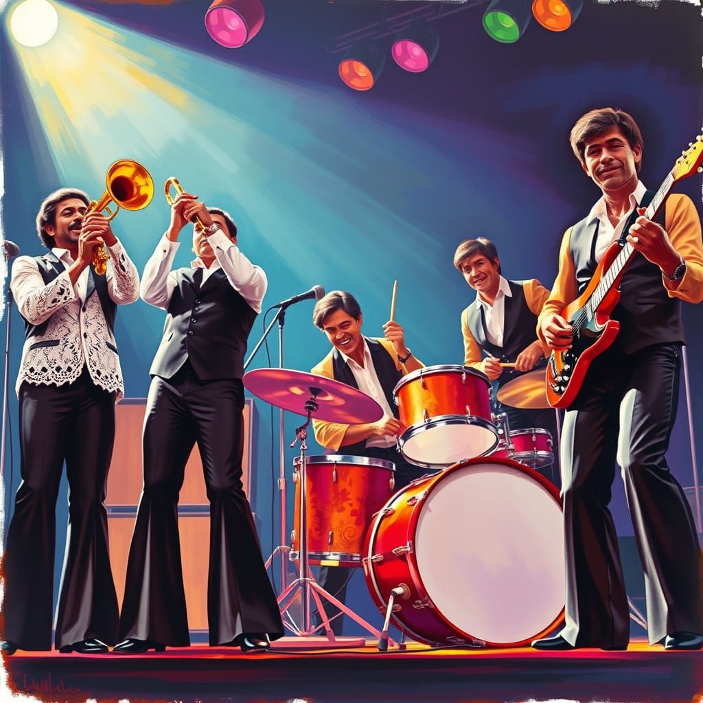 Soulful 1960s Band Rocks the Stage in Vibrant Colors