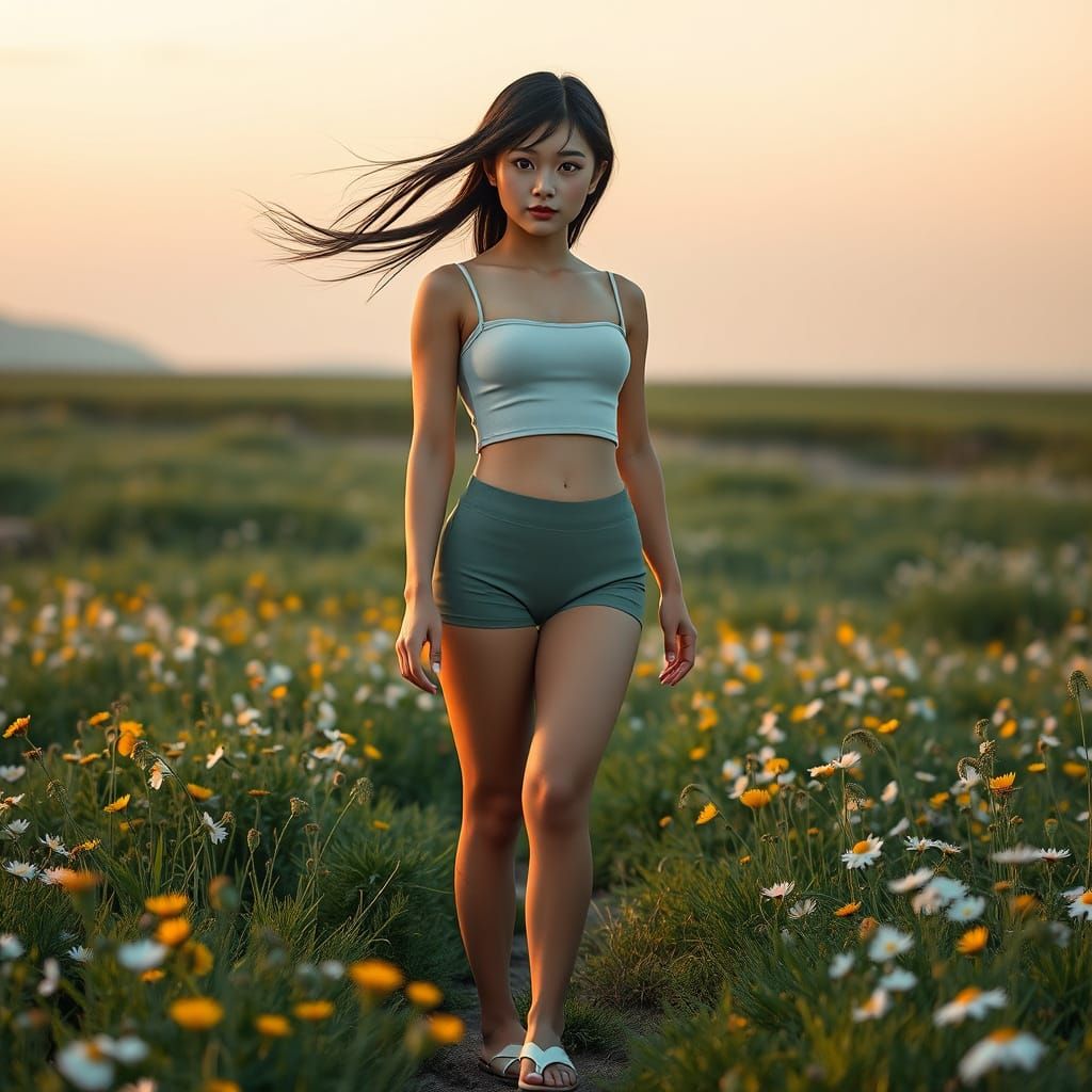 Japanese Woman in Wildflower Field at Dawn