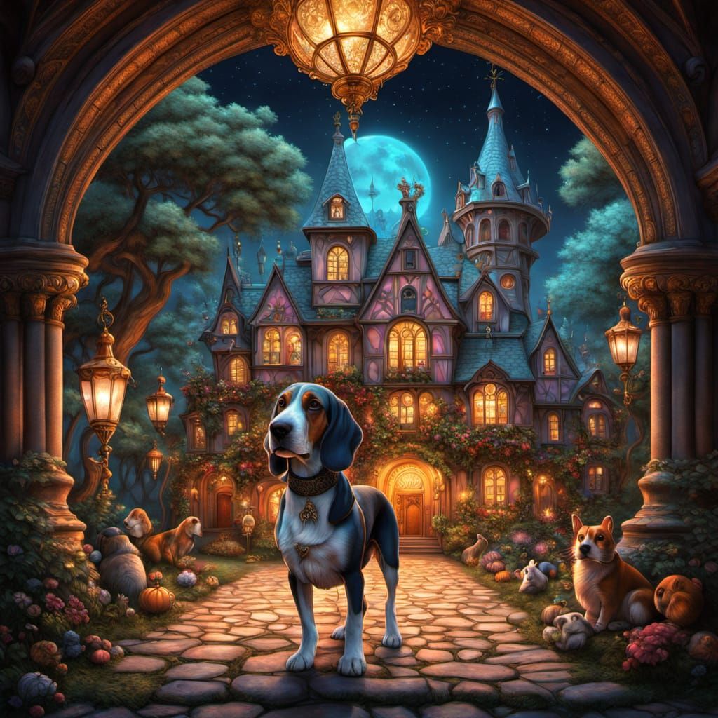 Basset Hounds in Royal Attire as Hieronymus Bosch Painting