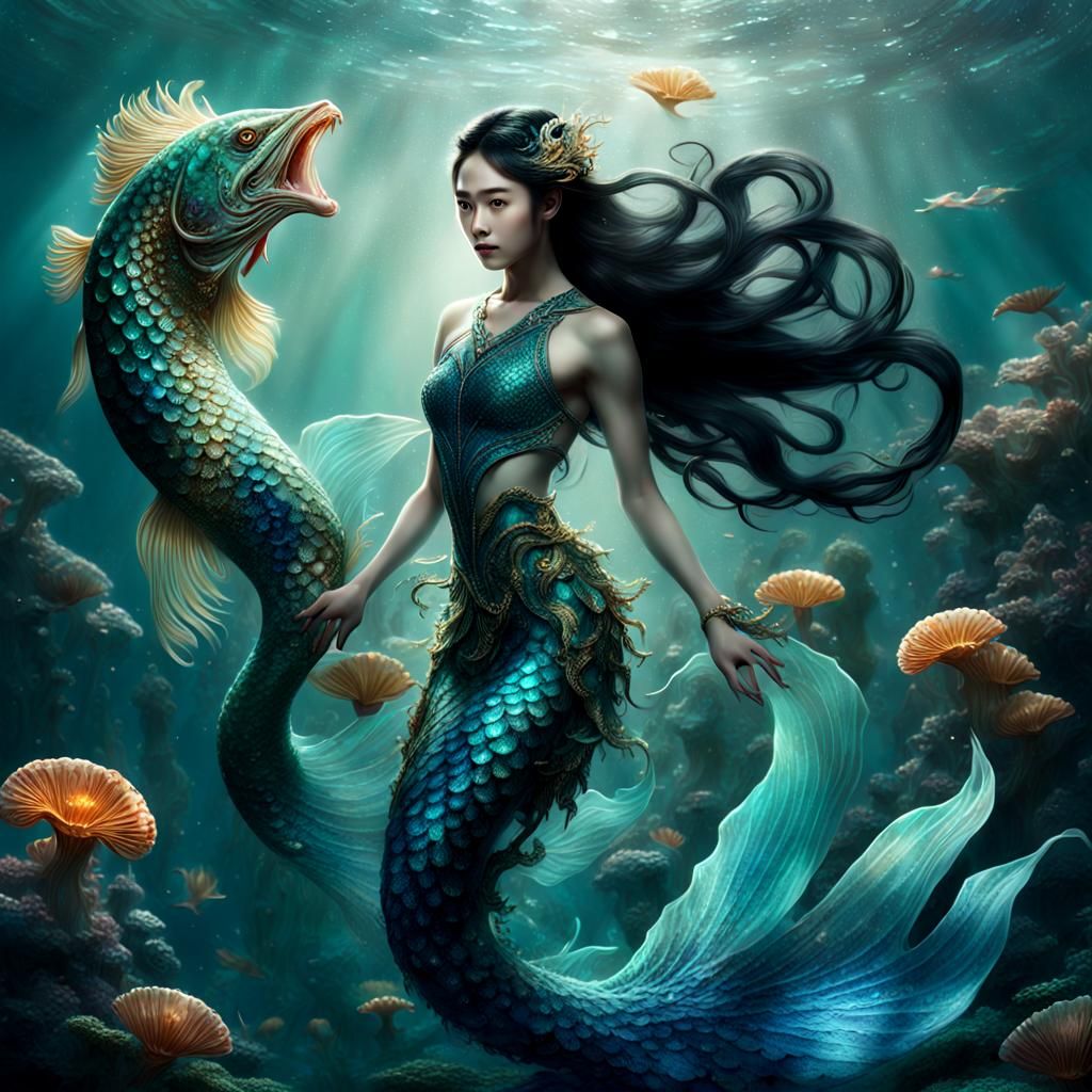 Demonic Siren with Iridescent Tail in Cinematic Style