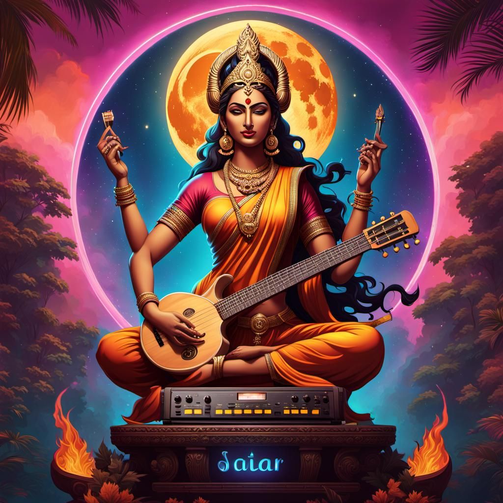 Saraswati as DJ in Dark Fantasy Style