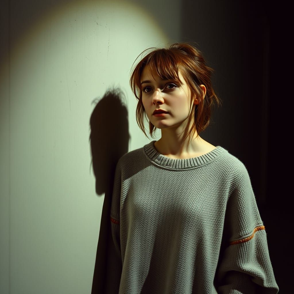 Nerdy Woman Stares at Shadow in Dimly Lit Setting