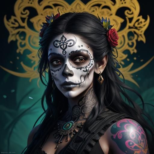 Micronesian Sugar Skull Warrior in Jungle, Art Nouveau