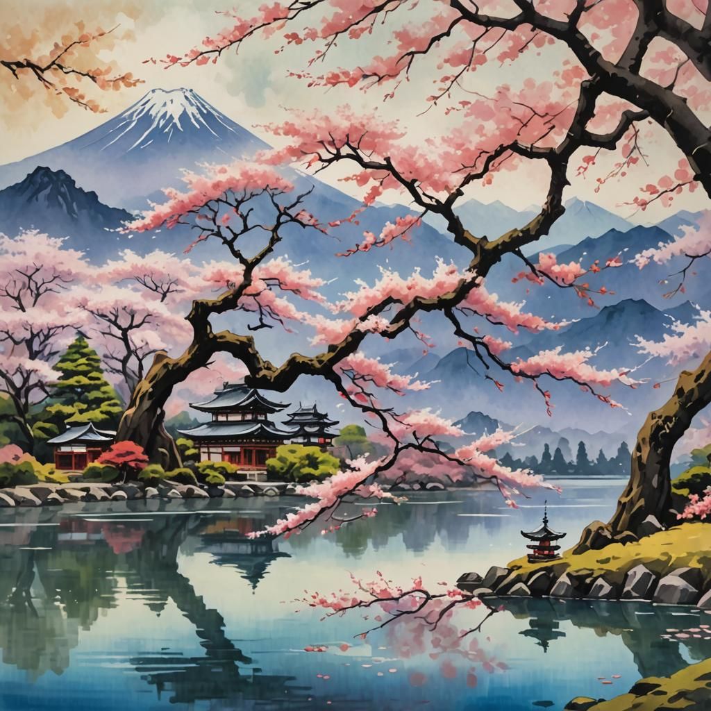 Sakura Tree by Lake: Impressionist Gouache Painting