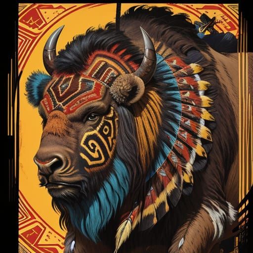 Native American Indian Carousel Bison in Comic Style
