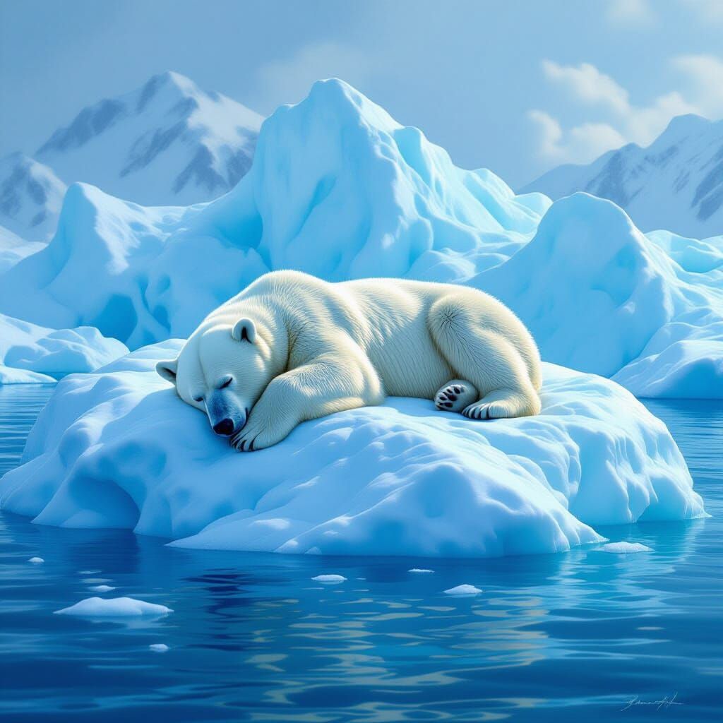 Polar Bear Asleep on Iceberg in Digital Art Style