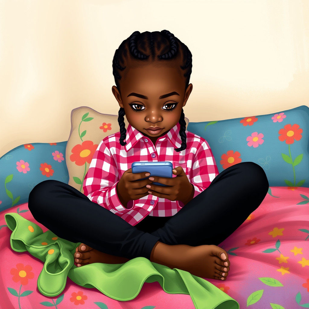 Girl with Braids Watching Phone, Whimsical Art Style