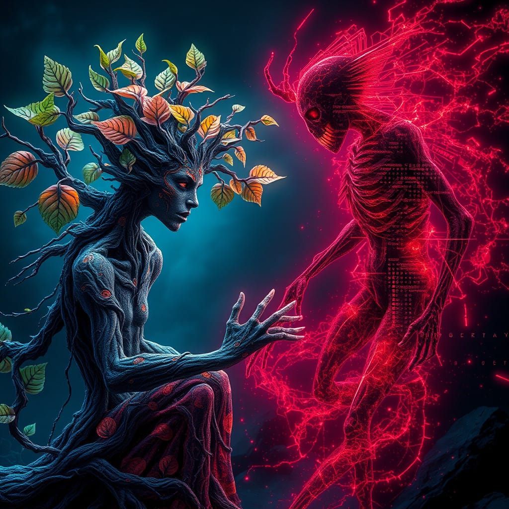 Mystical Dryad Confronts Undead Revenant in Fractal Geometry...