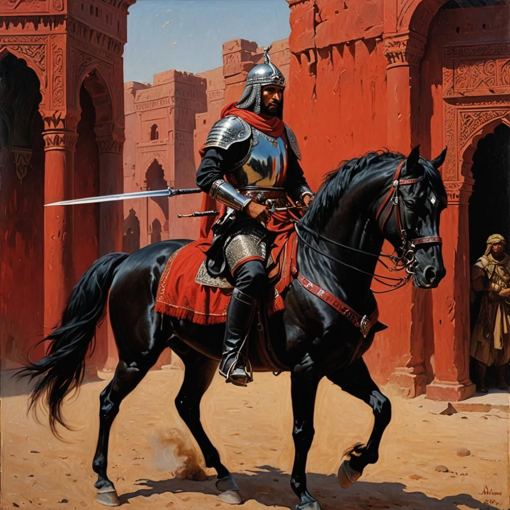 Arabian Warrior with Saber and Black Horse