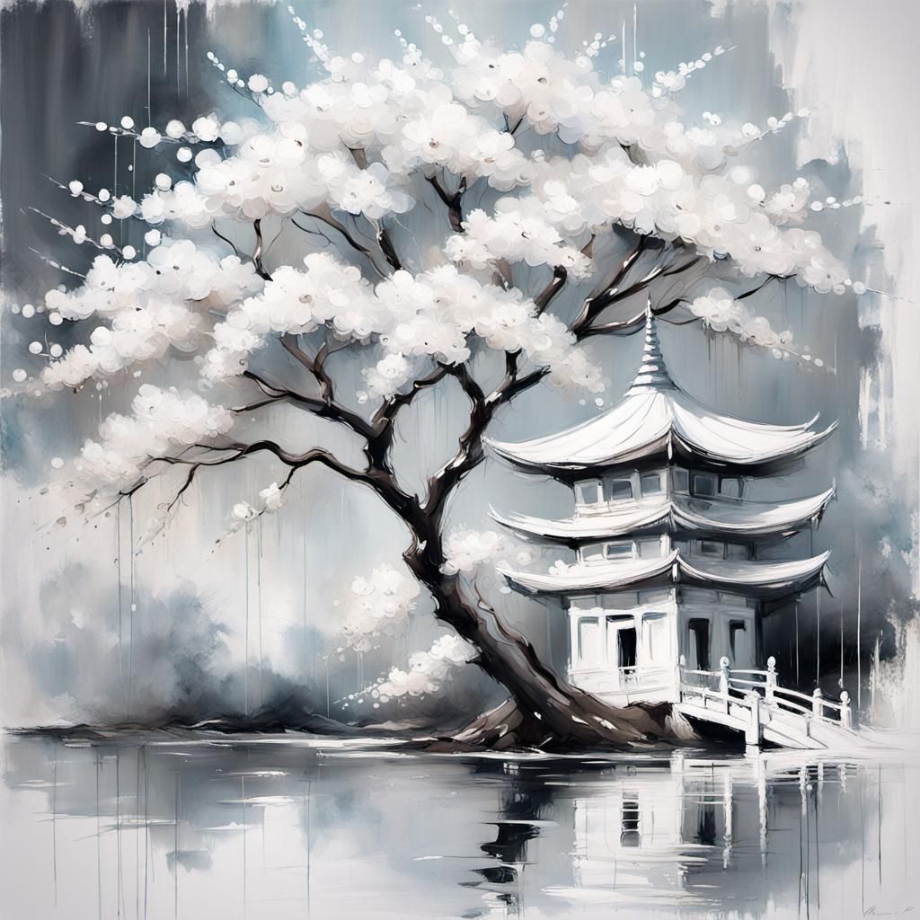 Dreamy White Blossom Tree in Abstract Grunge Style