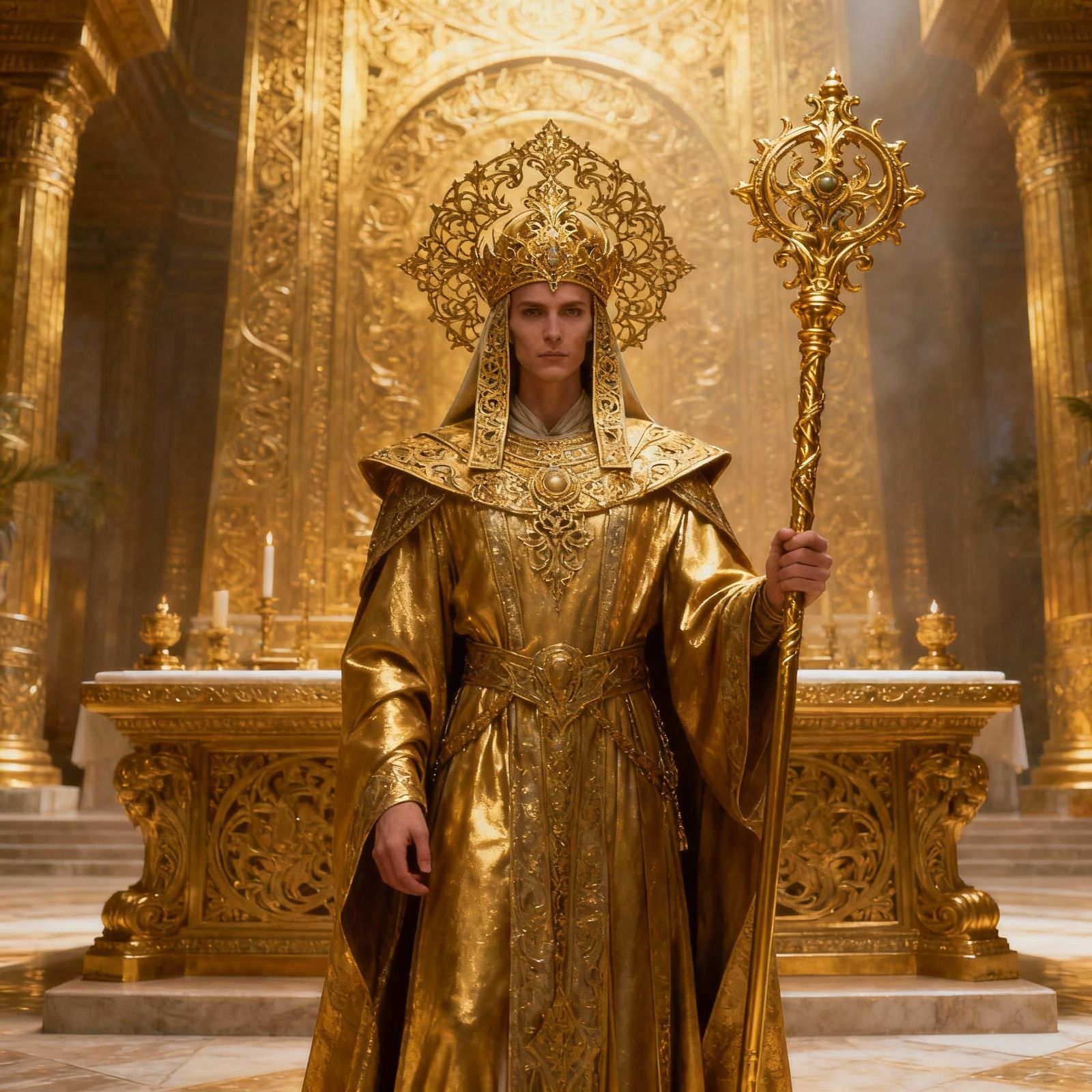 Mystical Fantasy Priest in Ornate Gold Robes and Temple