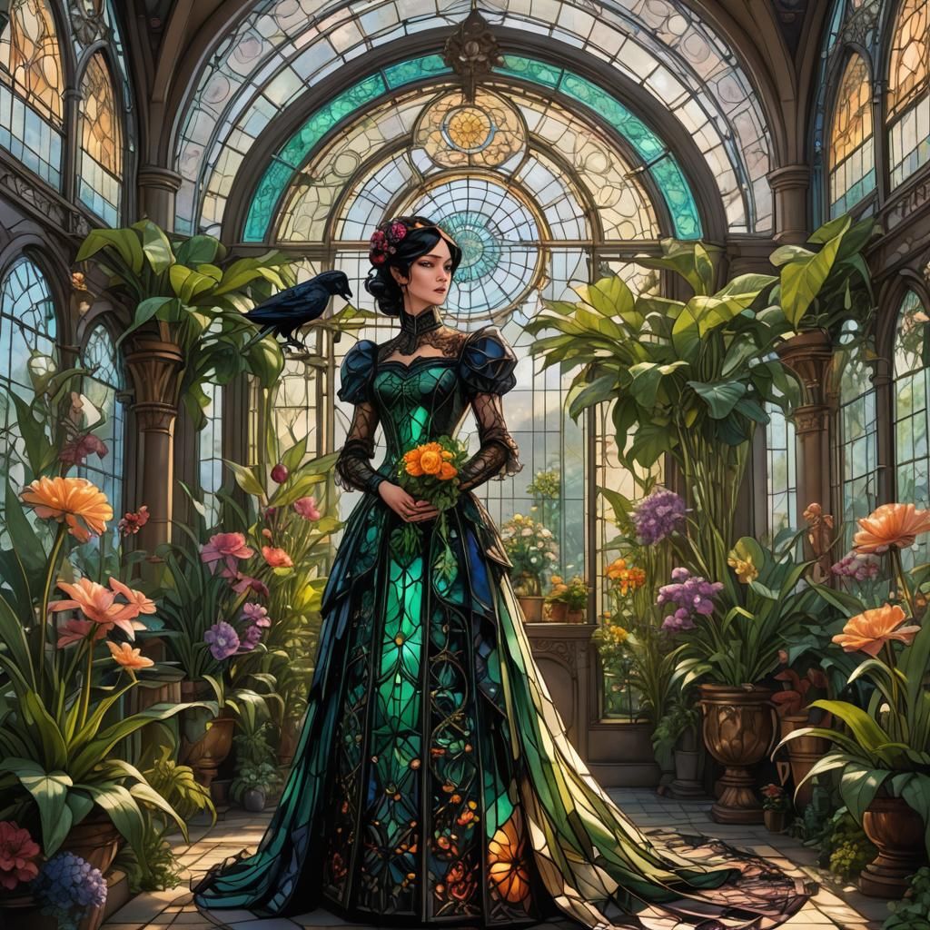 Victorian Woman in Luminous Greenhouse